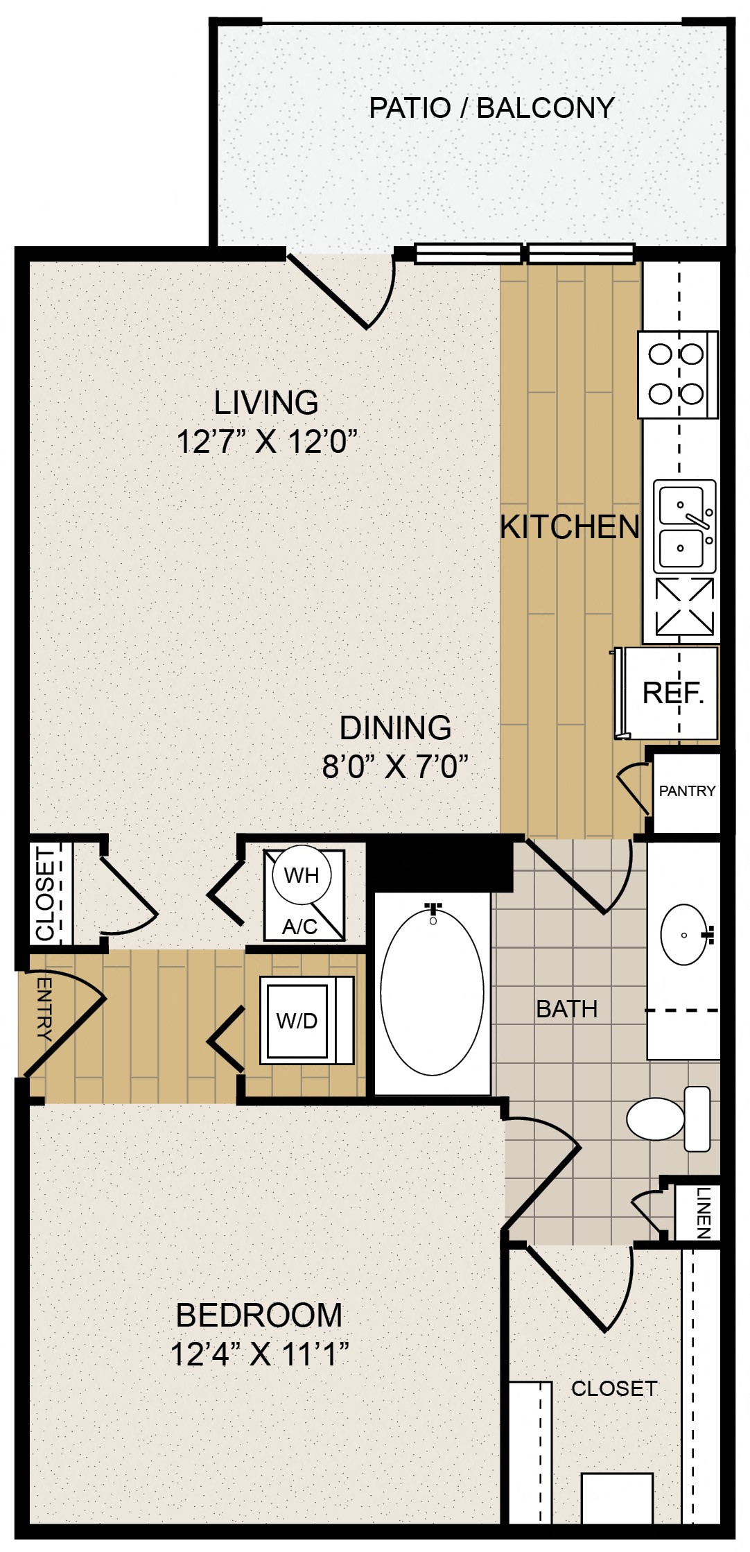 Floor plan for studio, 1 bath, 646 sqft